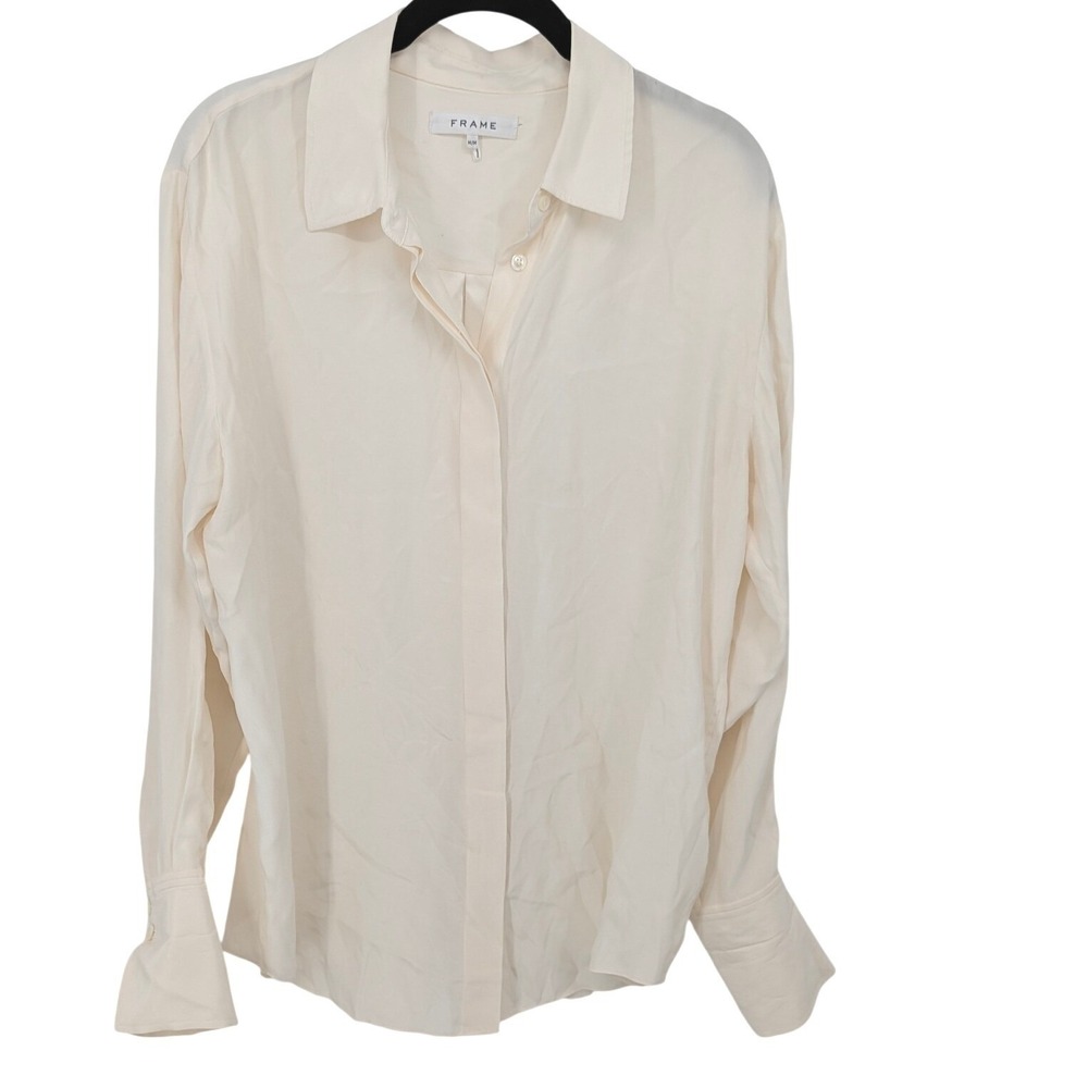 FRAME Silk Button Down Women Medium Cream Minimalist Top Long Sleeve Blouse